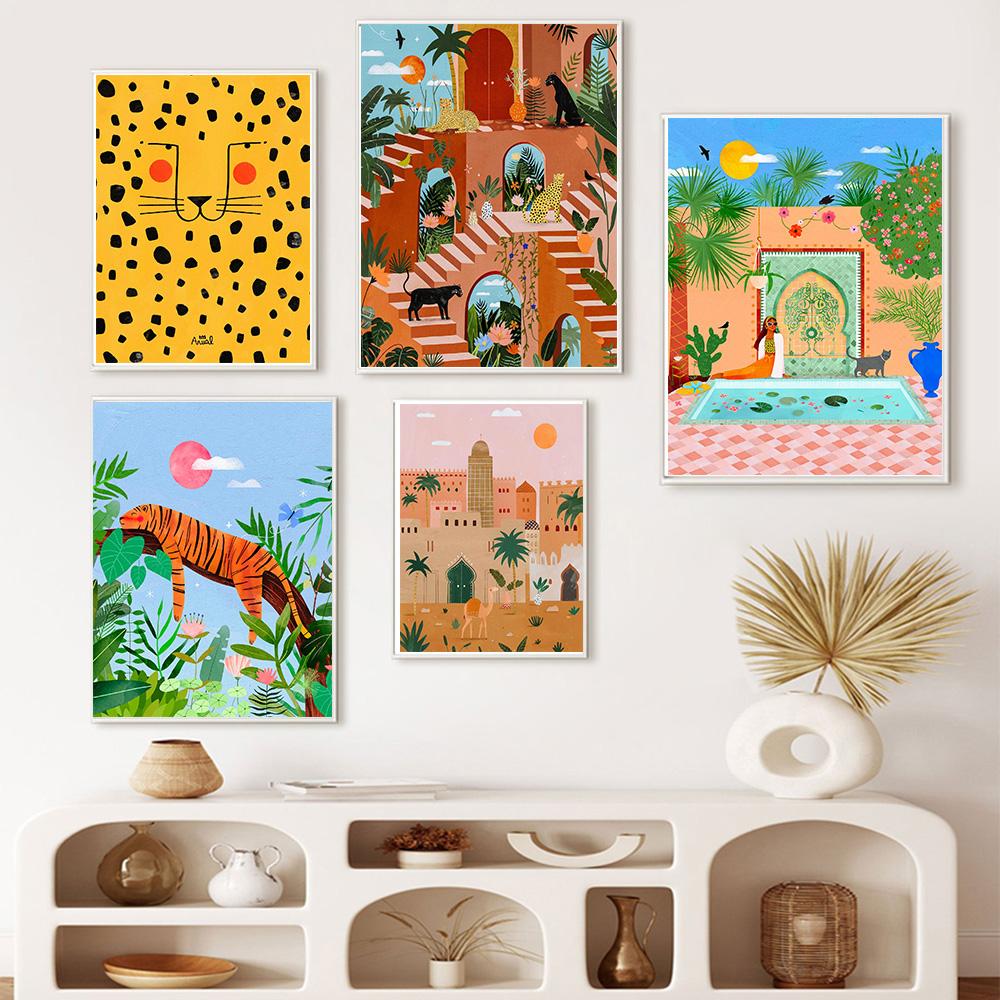 Tropical Jungle Plant Tiger Leopard Camel Wall Art Canvas Painting Girl Palm Grove of Marrakesh Poster Print Pictures Home Decor