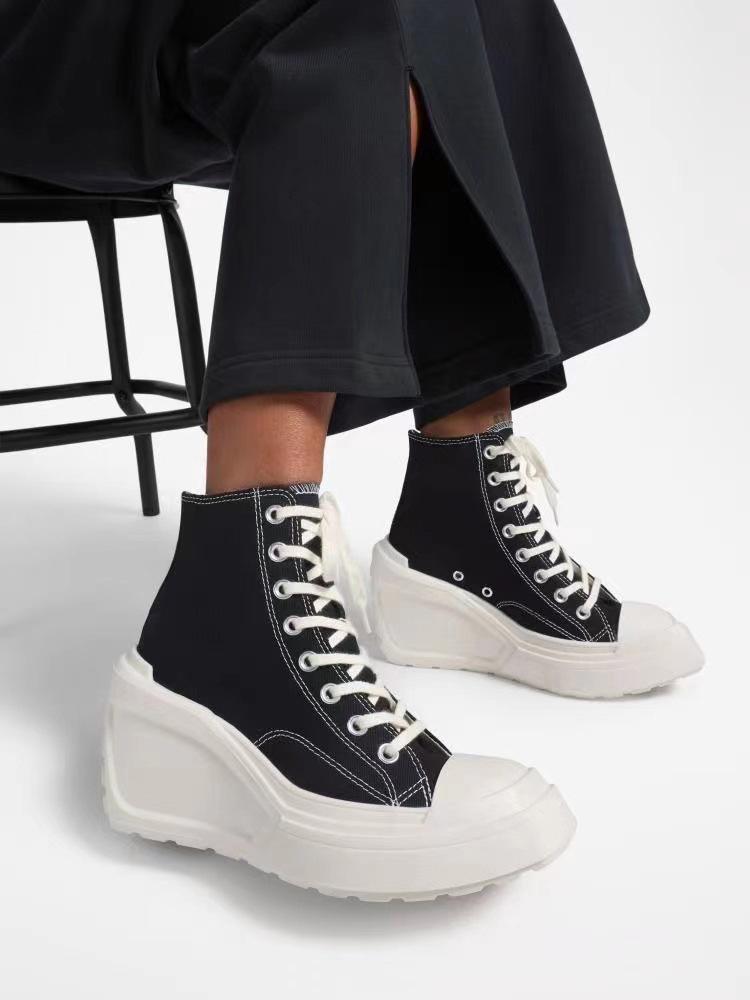Modische High-Top Canvas-Schuhe mit Blockabsatz für Damen 2025, mit runder Spitze, zum Schnüren, vielseitig, höhenverstärkend, mit dicker Sohle, High-Top-Schuhe