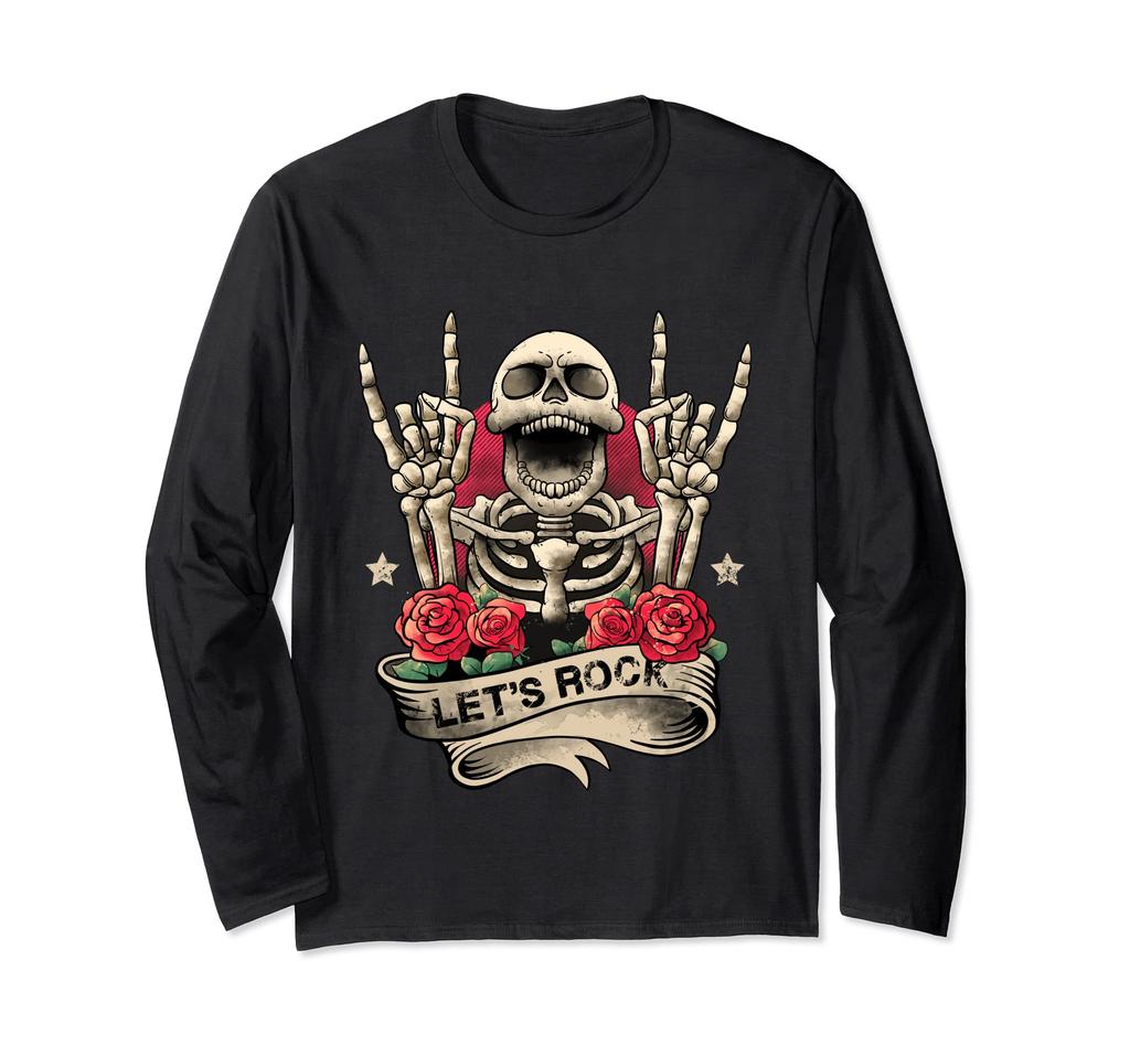 Lets Rock Rock&Roll Skeleton Hand Vintage Retro Rock Concert Long Sleeve T-Shirt