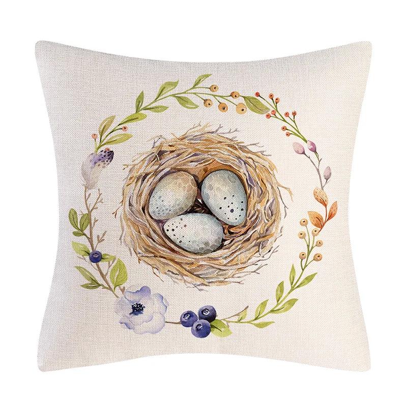 Happy Easter Cushion Cover Bunny Eggs Printed Pillow Cover Easter Rabbit Printed Pillowcase Home Decorative Throw Pillow Case