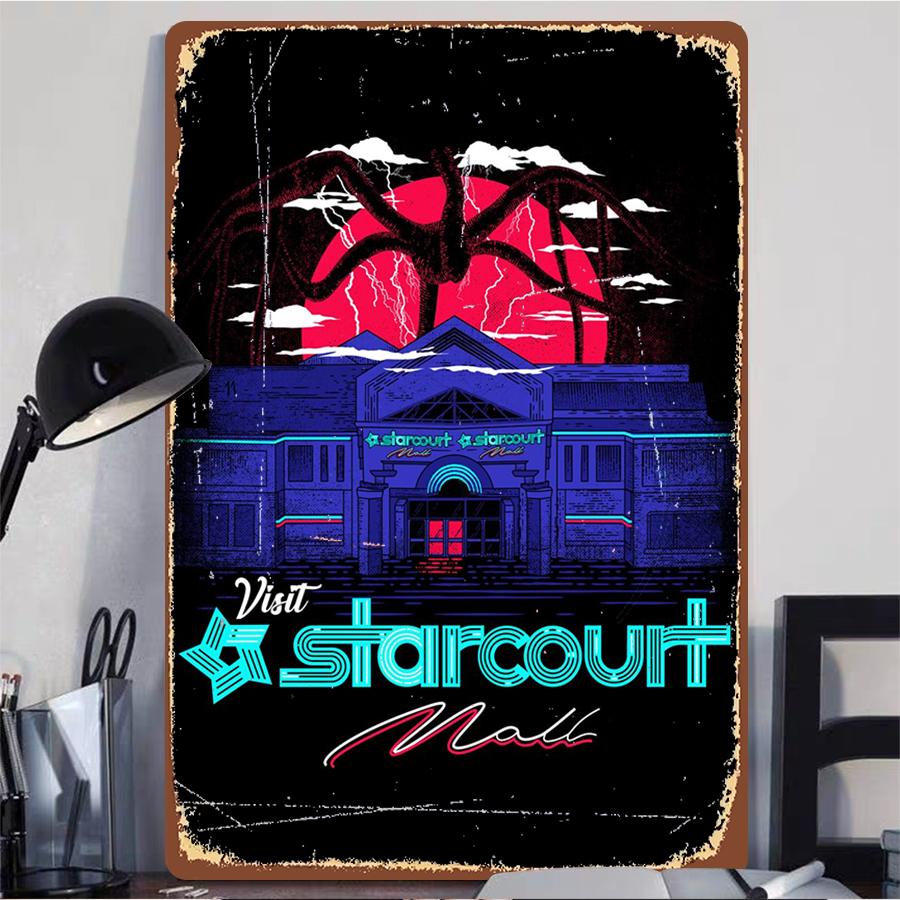 Stranger Things Geïnspireerde Starcourt Mall Metalen Wandkunst Nostalgisch neonbord vintage horrorfilm poster huisdecoratie cadeau voor fans