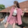 Dopamine Pink Casual Denim Short-Sleeve Jacket & Shorts Set