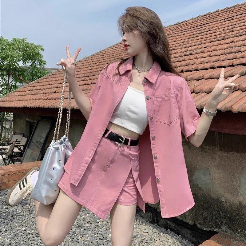 Dopamine Pink Casual Denim Short-Sleeve Jacket & Shorts Set