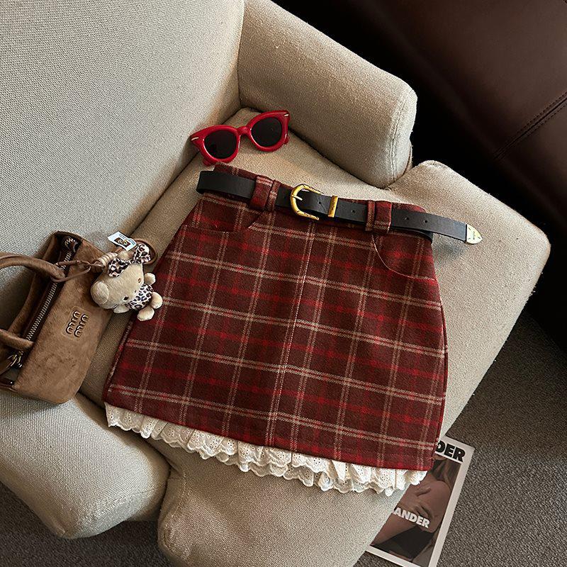 

Women s High Waist A-line Patchwork Plaid Wool Skirt - Autumn/Winter Bodycon Petite Style M червоний