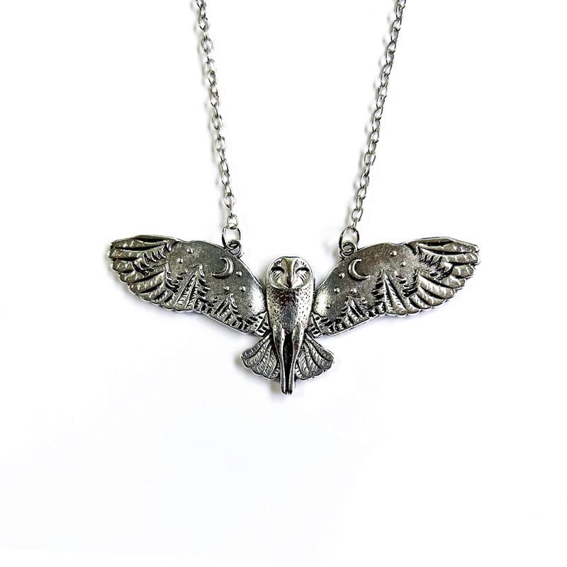 Owl Moon Forest Pendant Necklace With Alloy Chain For Fashion Enthusiasts