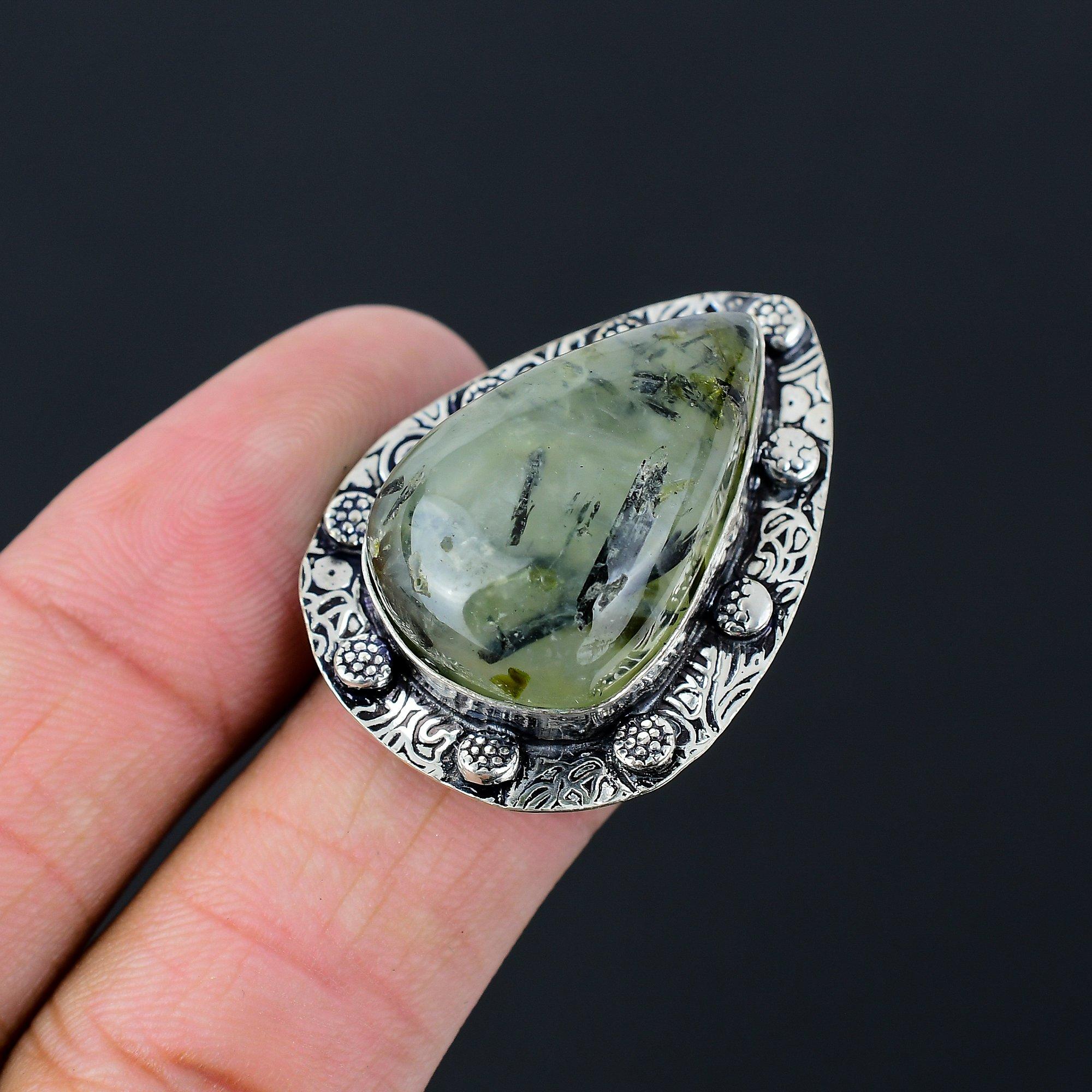 Natural Moss Prehnite Gemstone 925 Silver Stackable Ring Size 8 For Girls 8