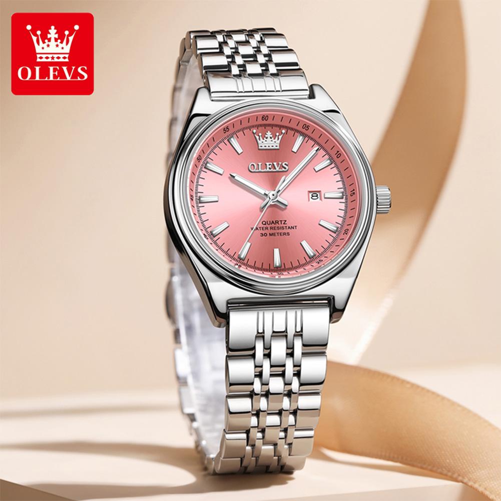 OLEVS Women's Watches Elegant Fashion Stainless Steel Original Brand Quartz Wristwatch for Lady Waterproof Luminous Date Dress
