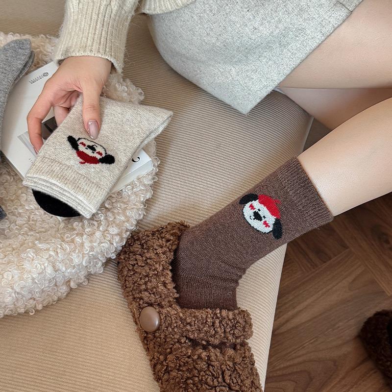 Red Hat Puppy Wool Socks, Thick and Warm Mid-calf Socks, Thick Socks, Cartoon Boneless Socks
