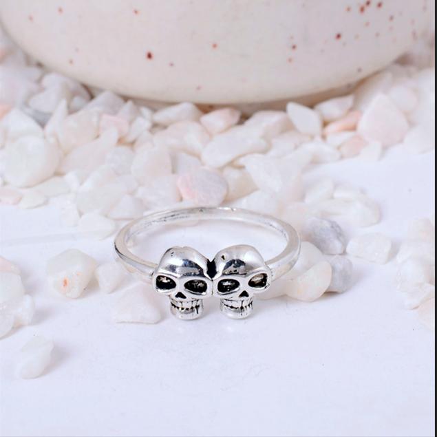 Double Skull Silver Plated Ring | Minimalist Gothic Biker Brass Jewelry | Unique Friendship or Couple Ring
