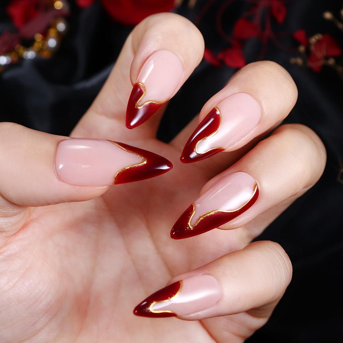 

10 шт. накладных ногтей ручной работы на Хэллоуин, очаровательные бордовые накладные ногти с полным покрытием, французские накладные ногти для фототерапии, многоразовые S