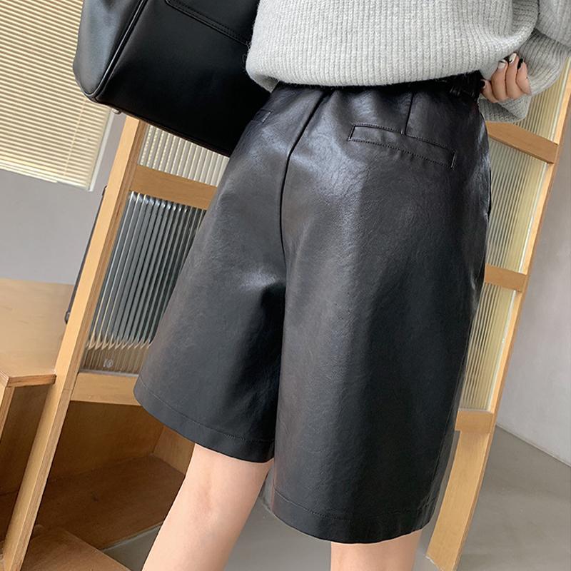 Shorts Women's High Waist Wide Leg Cropped Pants Loose Casual Straight Leather Pants