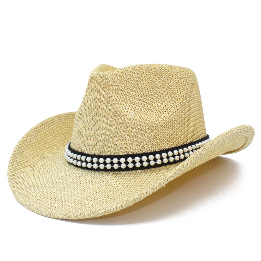 Spring and Summer Fashion Pearl Decorative Straw Cowboy Hat Elegant Big Eaves Curved Eaves Sun Hat Seaside Vacation Straw Hat