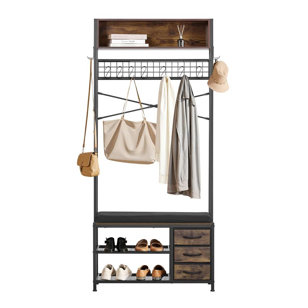 Hall Tree, 1800 mm Coat Rack with Shoe Bench & 3 Drawers, 3-in-1 Freestanding Shoe Rack Storage Organizer with Bookshelf & Wire Shelf, Steel Frame