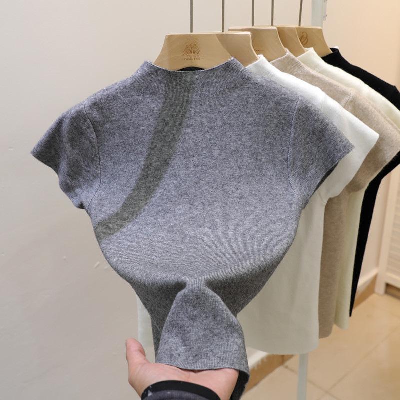 Women's Slim Fit Knitted White Top - Summer 2025 Short Sleeve Half High Neck Tee