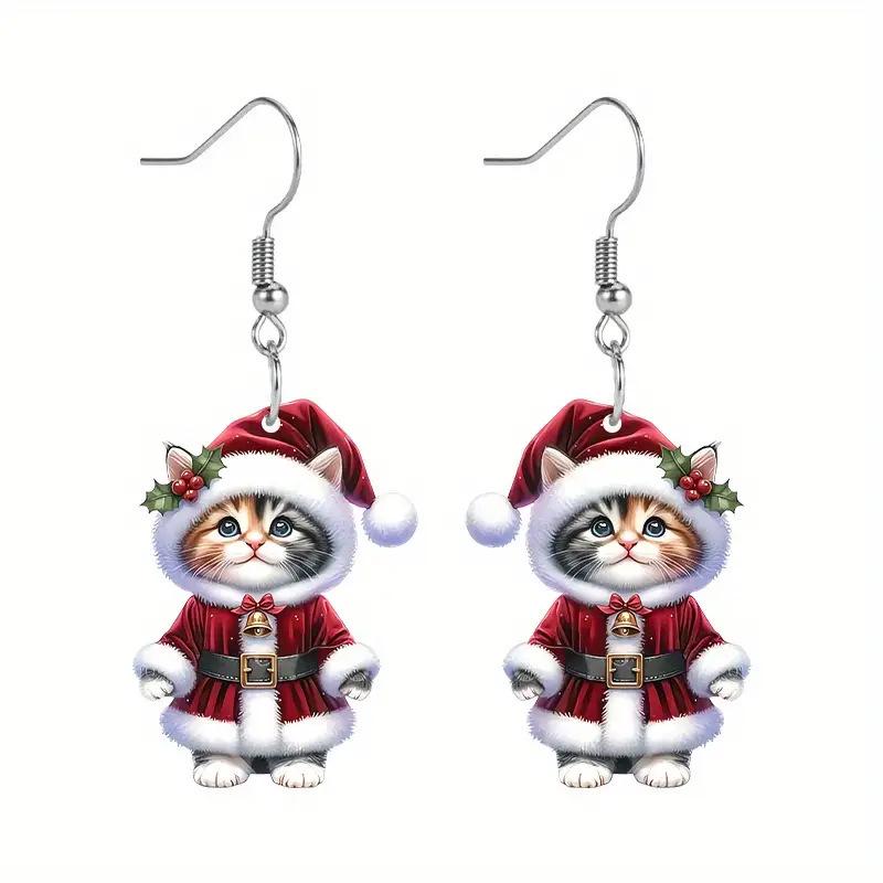 Adorable Christmas Kitten Acrylic Earrings - 2024 Retro Style