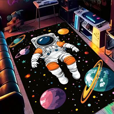 Colorful Floating Astronaut Design Carpet Cosmic Starry Night Non Slip Floor Mat for Kids Room Lounge Bedroom Decor Rug