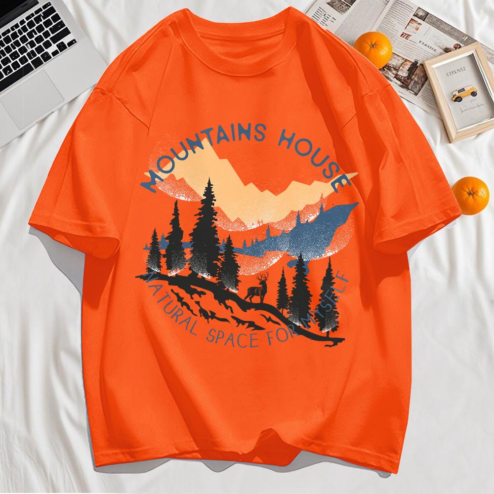 Natural Mountains House Printing Mens T-Shirts Casual O-Neck T Shirt Cotton Soft Short Sleeve Loose Summer Clothes