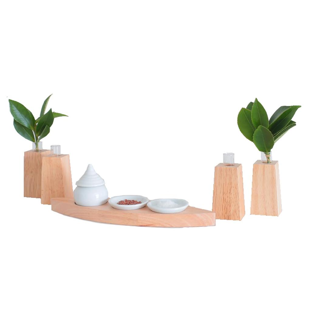 Kamidana no Sato: Modern Shinto Shrine Set with Lotus Leaf Shinto Utensils. Simple and stylish modern rubberwood offerings and worship.