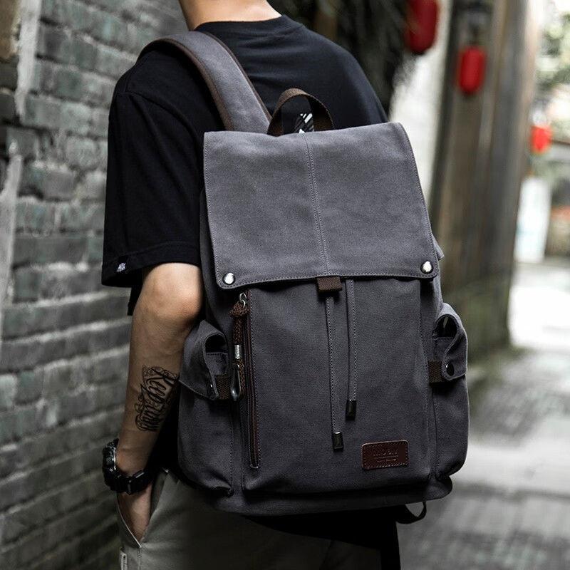 Men's Backpack Casual Simple Backpack Canvas Bag Junior High School College Student School Bag Large Capacity Travel Computer Bag