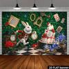 2D Wonderland Themed Backdrop with Black-and-White Checkered Floor and Vintage Frames Photography Background