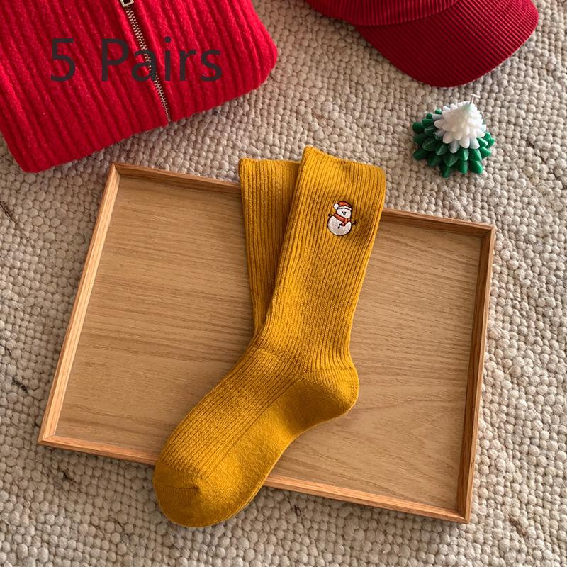5 Pairs of New Autumn and Winter Embroidery Christmas Tube Socks