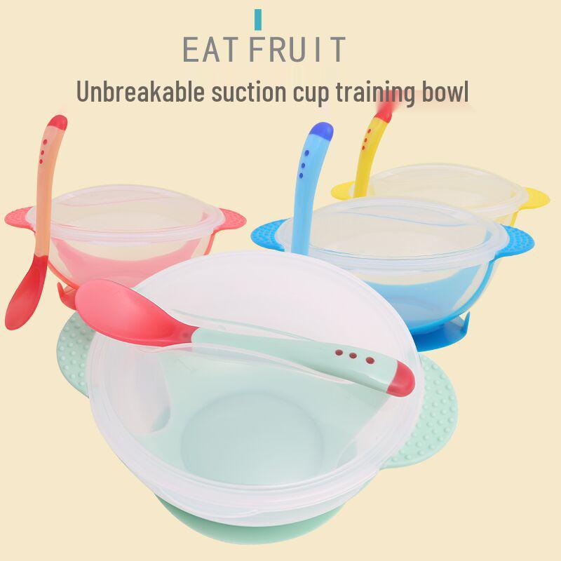 Non-Slip Suction Bowl Set: Drop-Proof Bowl, Lid, Temp-Sensitive Spoon & Fork for Infants & Toddlers