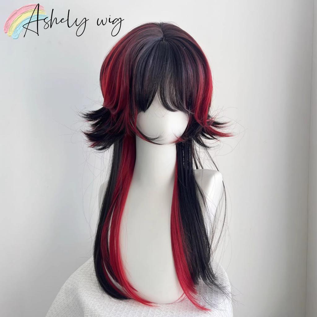 Ashely Jellyfish Head Black with Red Wigs with Bangs Subculture Y2K High Temperature Fibers Cosplay Synthetic Wigs for Daily Use
