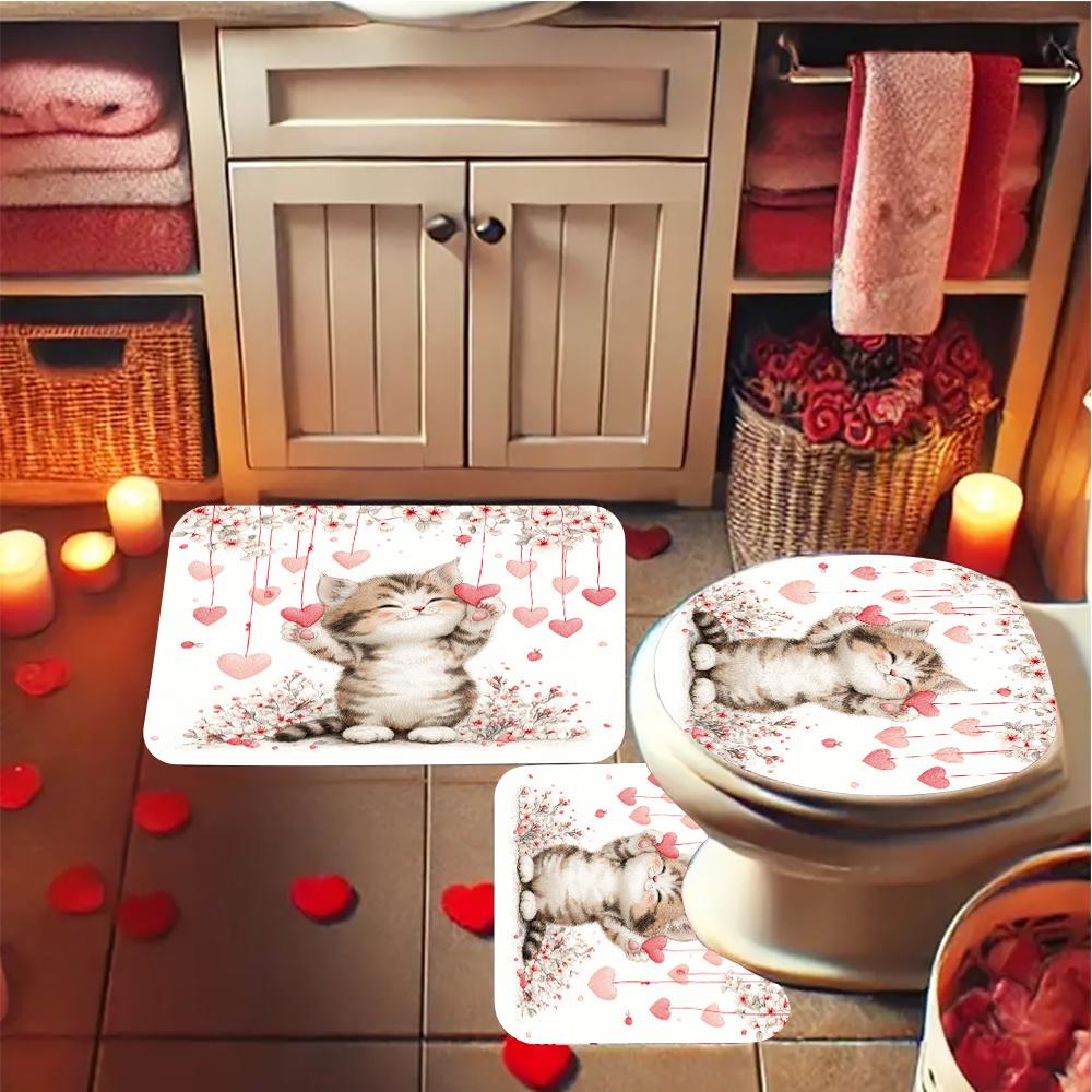 4Pcs Cute Cat And Heart Shower Curtain Set with Non-Slip Bath Mat, Toilet Lid Cover, Contour Rug & 12 Hooks, Bathroom Decor
