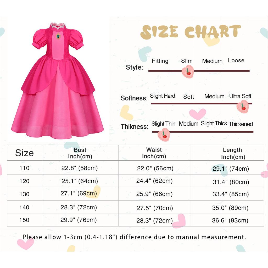 Peach Princess Dress Set - Polyester Fabric Halloween Christmas Carnival Cosplay Costume with Gloves and Crown Rose Pink 120 Cm