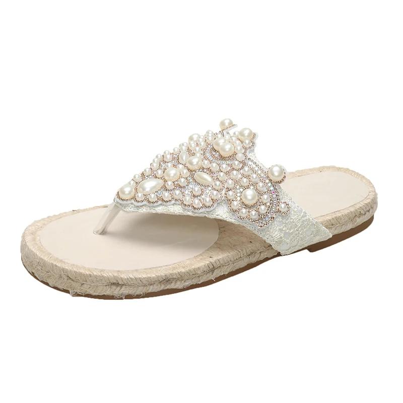 Fashion Beaded Women Flats Flip Flops Crystal Weave Slippers Casual Shoes Summer New Sandals 2025 Designer Luxury Clip Toe Shoes Zapatos
