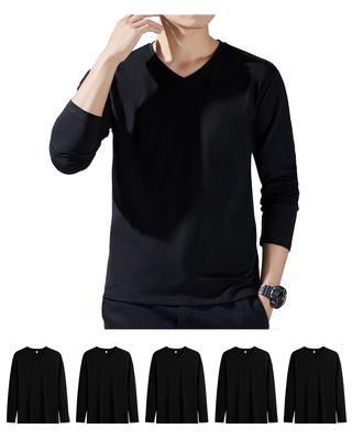 Sukinana Men's Long Sleeve 100% Cotton Undershirts, 5-Pack, V-Neck, Soft, Warm Underwear, Antibacterial and Odor-Resistant, Solid Color, Spring, Autum
