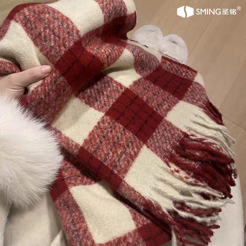 Корейский ретро красный и белый клетчатый шарф-снуд для женщин - Толстый, теплый, осенне-зимний High Weight Original - Mohair Scarf