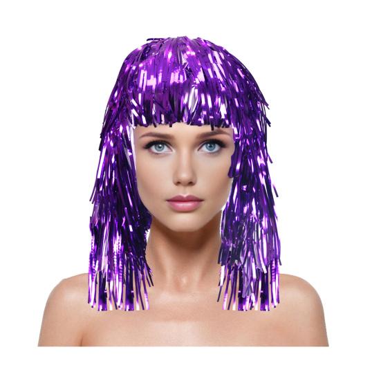 Bunte Lametta-Perücken aus Folie Metallic Ausgefallene Partyperücke Glänzend Cosplay-Kostüm Fotoautomaten-Requisite für Erwachsene