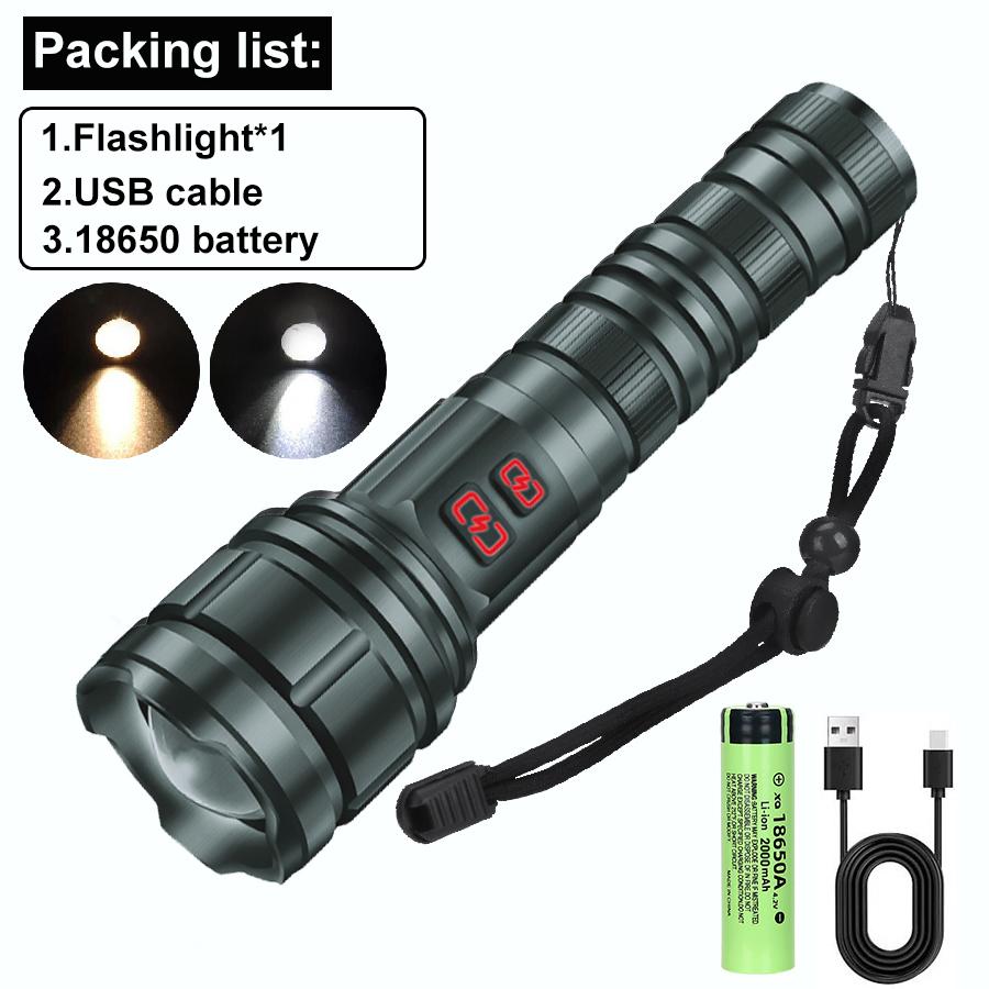 9900LM Powerul White Laser LED Flashlight 21700 Battery USB Charging Al Alloy Zoom Tactical Torch Outdoor Camping Hiking Lamp
