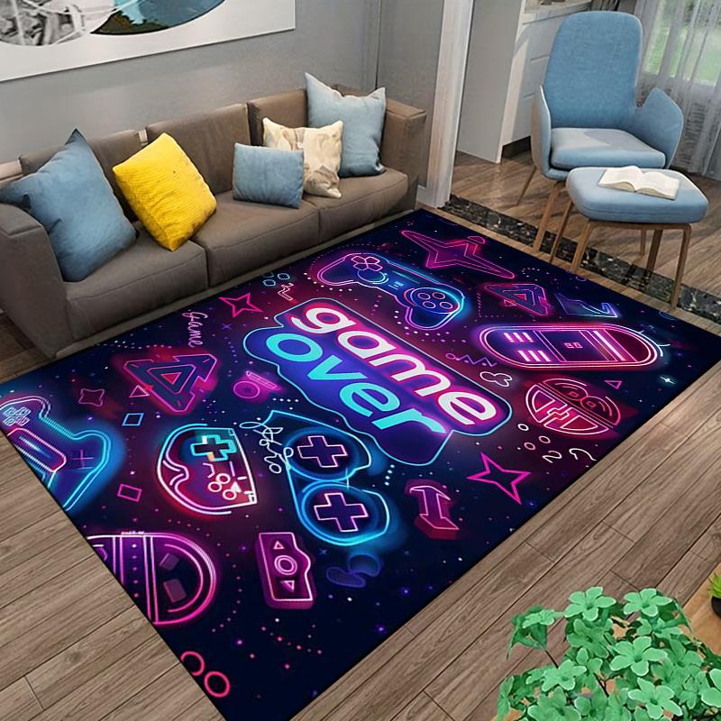 "Neon Game Over Carpet with Gaming Icons for Bedroom Decor" Suitable for use as an anti-slip for living room bedroom sofas