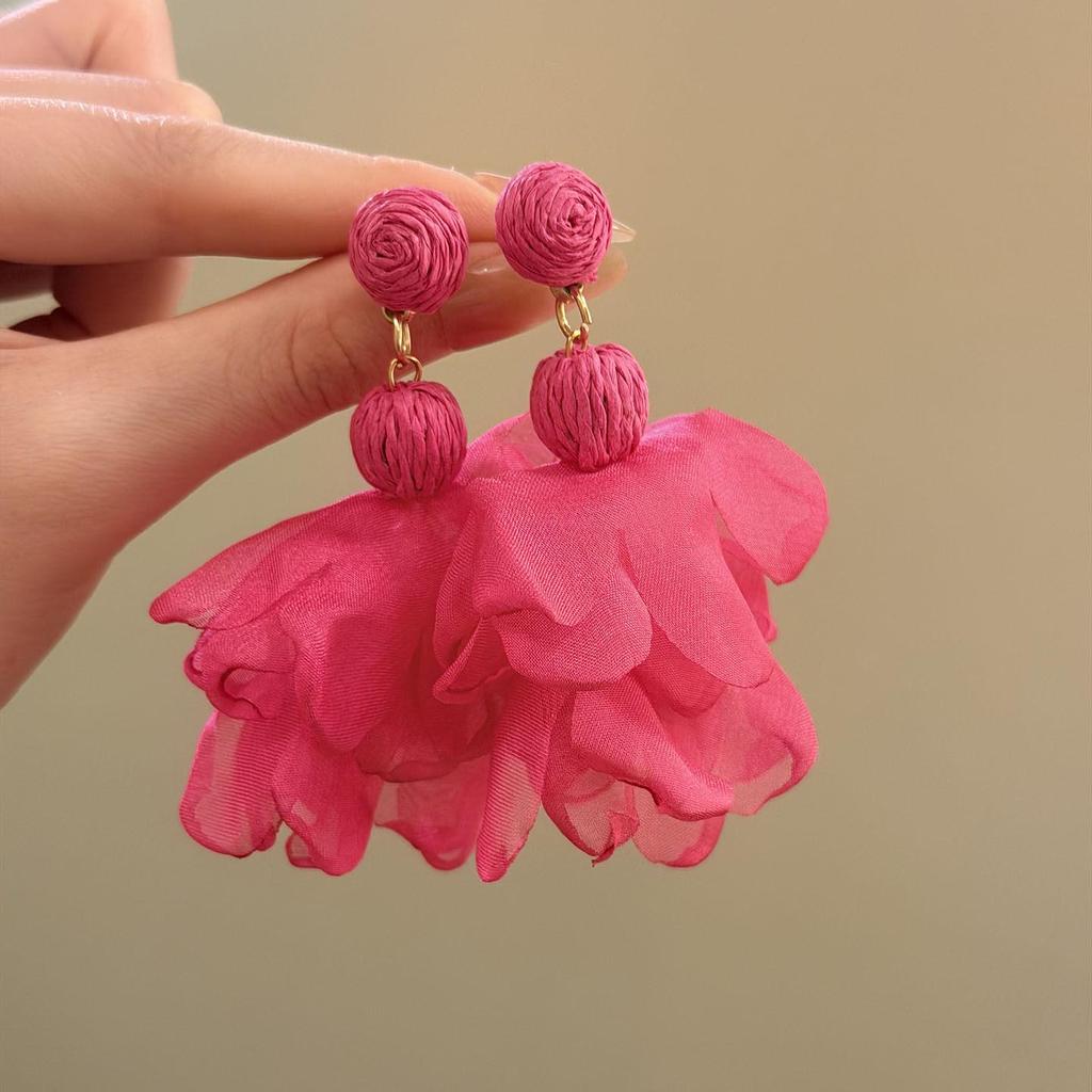 Korean Style Chiffon Flower Pearl Stud Earrings - Light Luxury High-End Raffia Steel Needle Accessories for Women