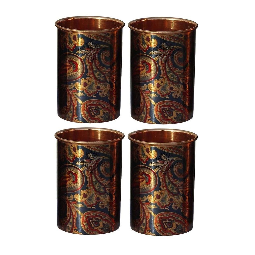Printed Copper Glass Tumbler, 275 ML, Set of 4, Blue Drinkware & Serveware for Home, Ayurveda Benefits, Stylish Design for Healthy Living