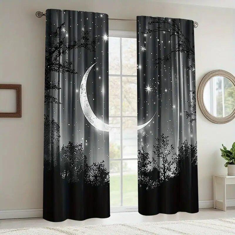 Starry Sky Moon Night Room Decorations Print Curtains Pole Bag Home Decoration Curtain Set Of 2 Made Polyester Washable