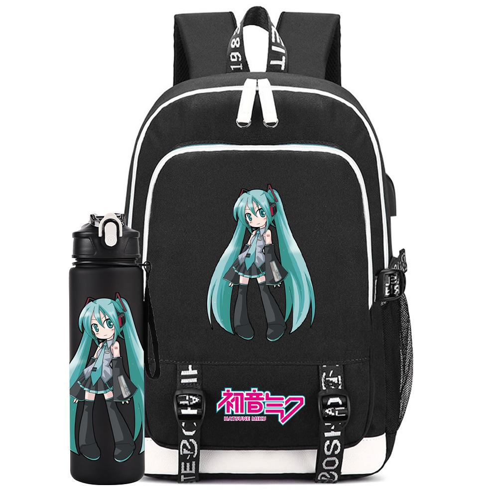 2 ks/sada Anime Hatsune Miku Potisknutý Batoh Velkokapacitní Školní Taška s 750ml Láhví na Vodu na Notebook Student Chlapec Dívka Velkokapacitní Vodotěsná Školní Taška