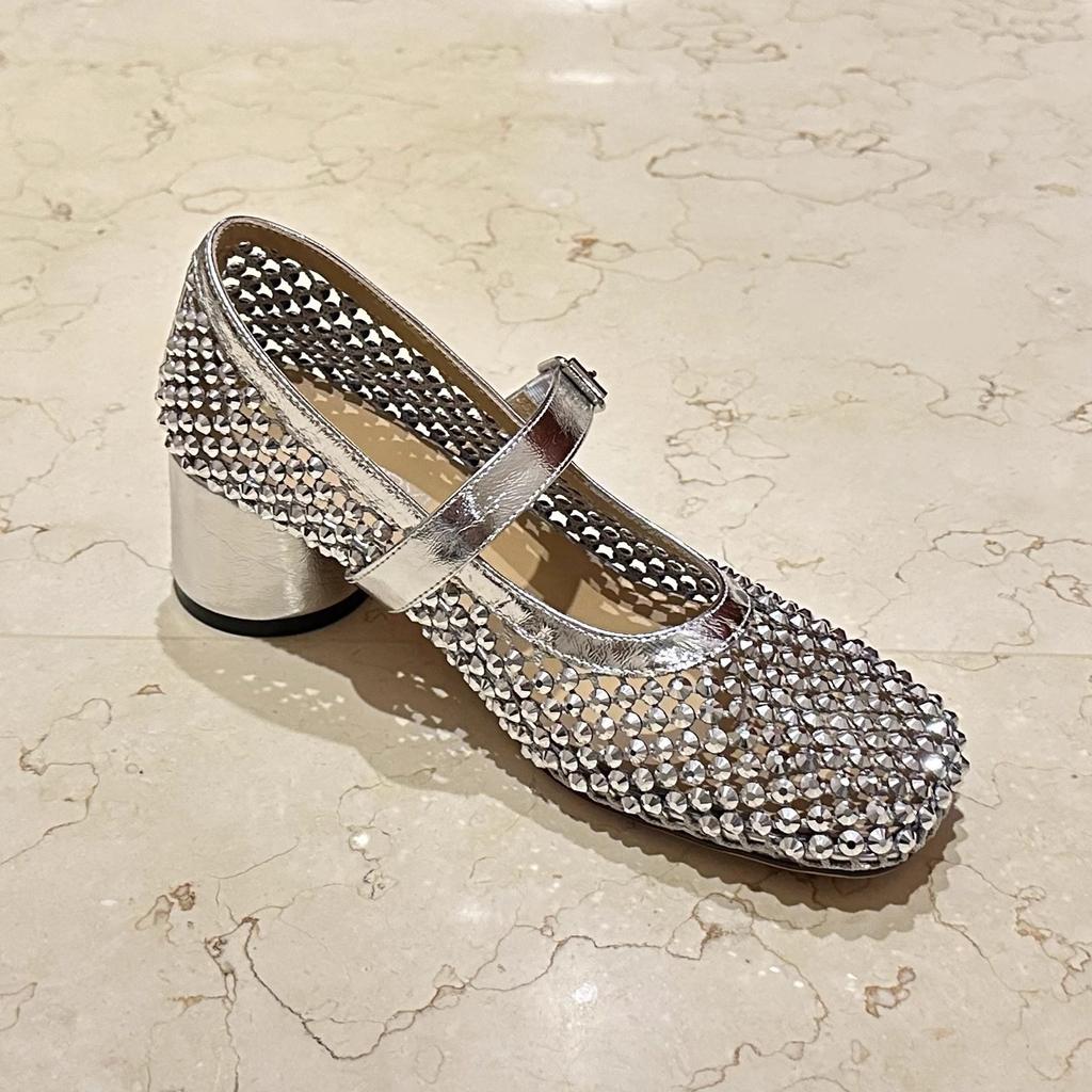 Europäische Station Damenschuhe 2025 Sommer neu Strass hohl atmungsaktives Mesh dicker Absatz Wort mit Mary Jane niedrig Absatz Sandalen