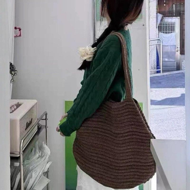 Retro Knitted Handbag for Women Autumn Winter New Design Solid Color Knitted Bag Large Capacity Travel Shoulder Bag CLE