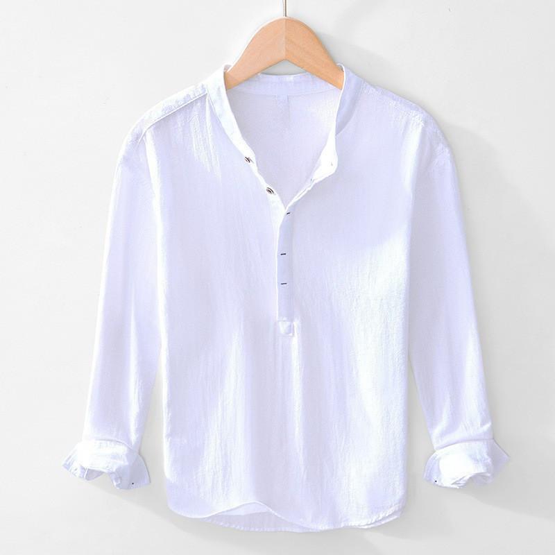 Men Light Blue Linen Cotton Blend Henley Shirt Stand Collar Long Sleeve Casual Top