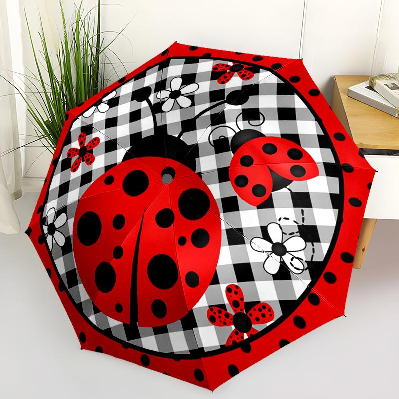 1pc Ladybugs, Butterflies Pattern Umbrella Portable Folding Umbrella Iron Frame Hole Bone Structure Outdoor Home Umbrella