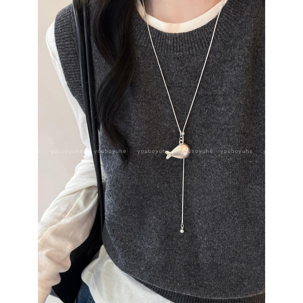 Korean Minimalist Silver Color Small Fish Pendant Long Pull Chain Necklace for Women Fashion Daily Versatile Commuting Jewelry