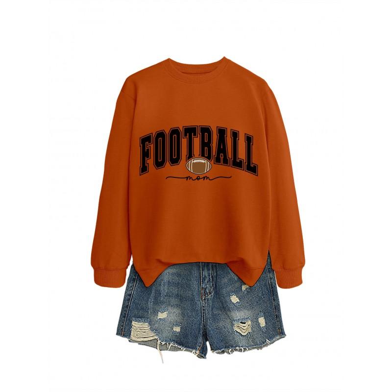 Womens Casual Round Neck Long Sleeve Cotton Sweatshirt With Football Mom Print - Loose Fit Plus Size S-XXL