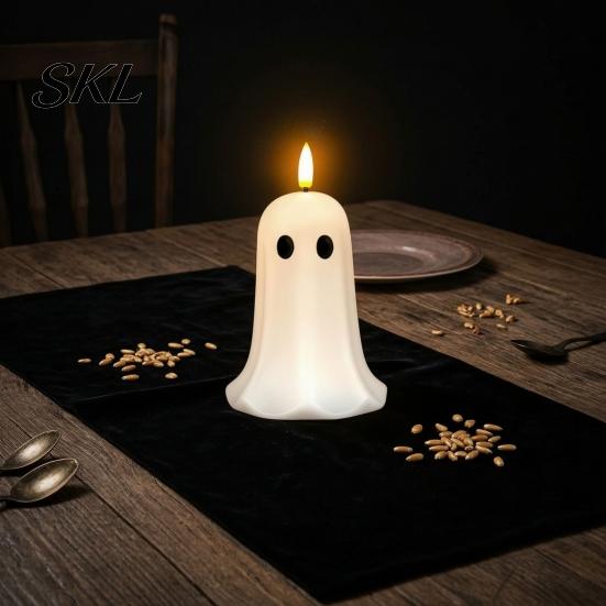 Indoor Festive Atmosphere Lamp Halloween Ghost Flameless Candles, Battery Operated LED Flickering Light, Real Themed Home Decorations Wax Cute