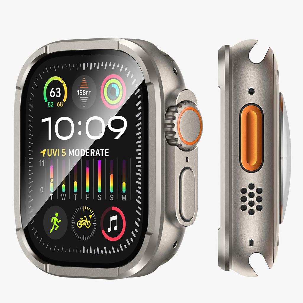 Amizee 2 Pack Metal Case Compatible with Apple Watch Ultra/Ultra 2 Screen Protector Case 49mm with Tempered Glass, Metal Frame Built In HD Glass