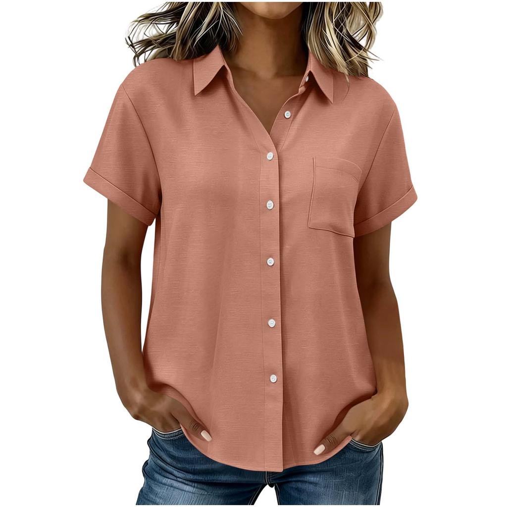 Women's Casual Short Sleeve Button Down Shirt Relaxed Fit Lightweight Blouse with Collar and Front Pocket for Everyday Wear