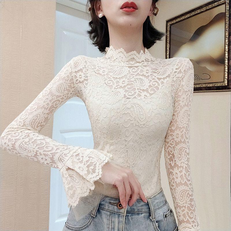 Spitzenbasis Damen Neu Gespleißter Halboher Kragen Modisch Einfarbig Vielseitig Lässig Schlank Temperament Langarm Oberteil