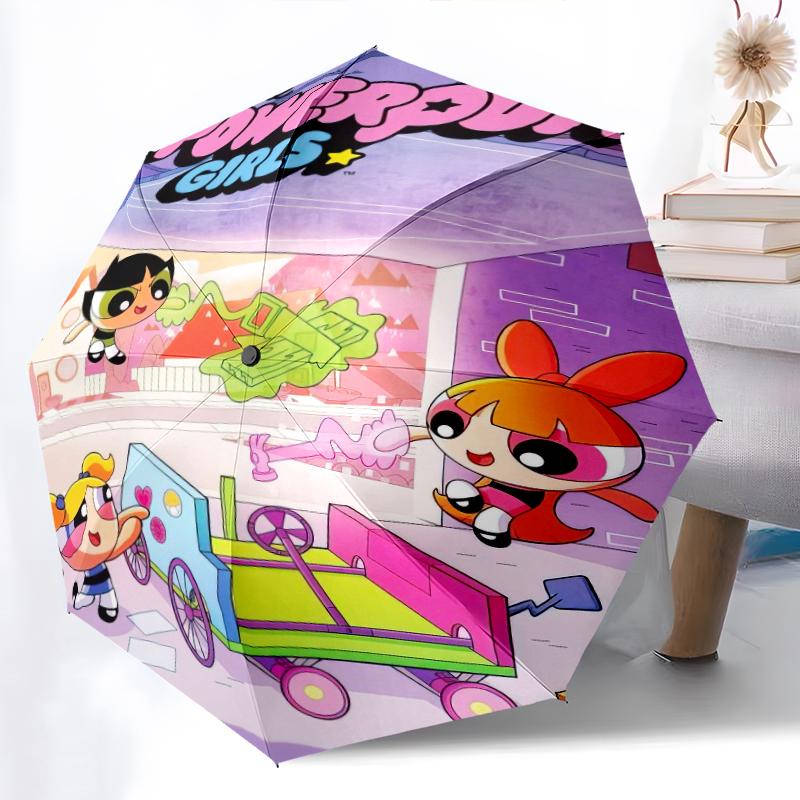 

1pc The Powerpuff Girls pattern Umbrella Portable Folding Umbrella Iron Frame Hole Bone Structure Outdoor Home Umbrella